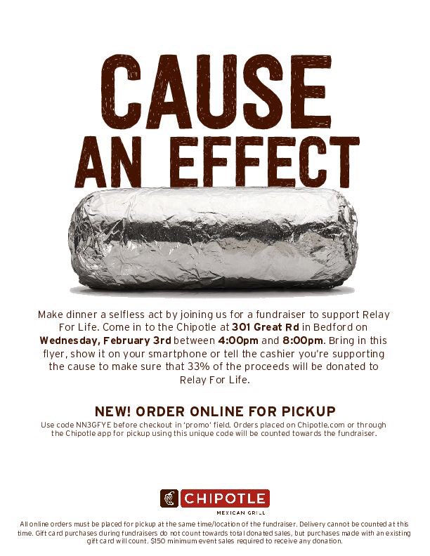 BedfordRelay's tweet photo. Order online at @chipotle tomorrow (2/3) between 4 and 8 with the code NN3GFYE to have 33% of proceeds go to Relay for Life! https://t.co/wKBBs4prRB