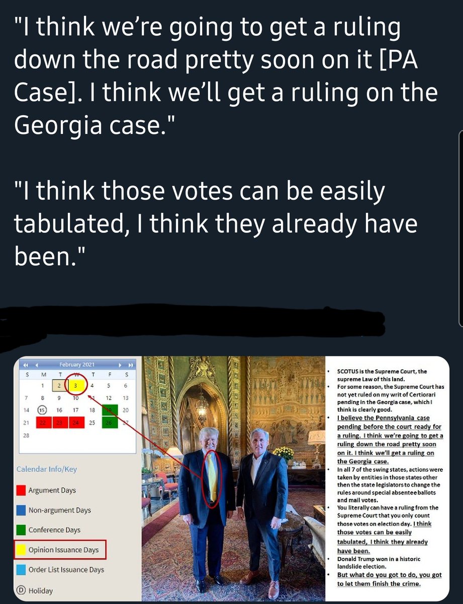 1/ This post was shared by a QAnon channel on Telegram. The post itself is nothing special, it's a typical QAnon decode where apparently SCOTUS will be filling on the election results tomorrow and the yellow tie is a clue. What is interesting is the discussion in the comments.