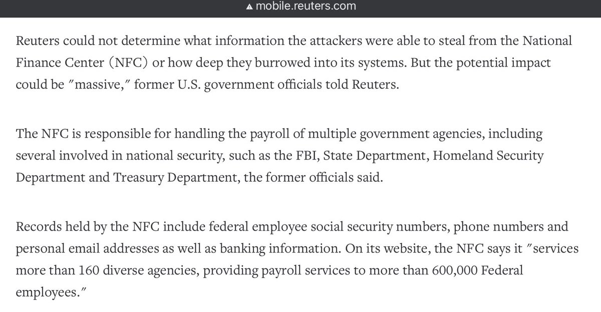 So the second  #SolarWindsHack threat actors are likely Chinese hackers, who have penetrated the US Federal payroll system to an extent unknown.  https://mobile.reuters.com/article/amp/idUSKBN2A22K8