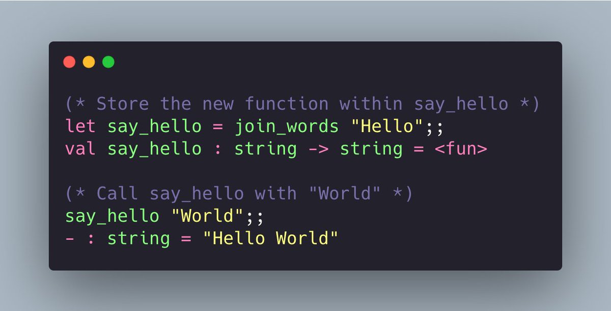 Lezwon's tweet image. What happens here is that the new returned function has some of its arguments already set with the values we have provided. This is called #PartialApplication. All we have to do to execute the returned function is to only provide the rest of the pending arguments.

🧵...