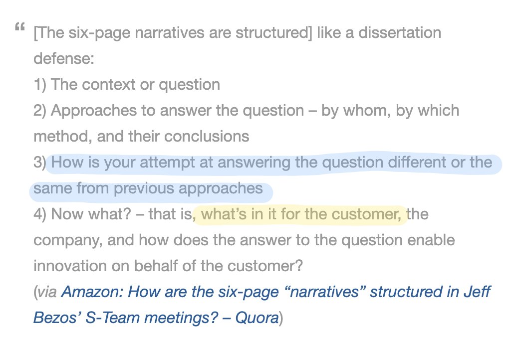 3. Encourage good writingAmazon’s built a writing-first culture where employees review six-page memos at the start of important meetings. Writing takes longer in the short-term but saves time in the long-term. The memos are structured like a dissertation defense. Here's how.