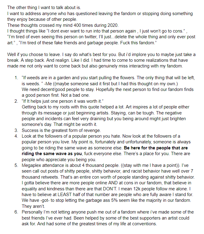 Coming back. Got somethings to say. Long read. Looking for a tldr just read the second tweet. -It is 100% okay and normal to expect more of your friends. -If you were thinking about leaving the fandom. Read the fourth image before you go. But either way I wish you happiness.
