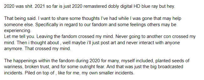 Coming back. Got somethings to say. Long read. Looking for a tldr just read the second tweet. -It is 100% okay and normal to expect more of your friends. -If you were thinking about leaving the fandom. Read the fourth image before you go. But either way I wish you happiness.