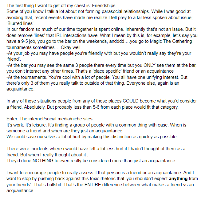 Coming back. Got somethings to say. Long read. Looking for a tldr just read the second tweet. -It is 100% okay and normal to expect more of your friends. -If you were thinking about leaving the fandom. Read the fourth image before you go. But either way I wish you happiness.