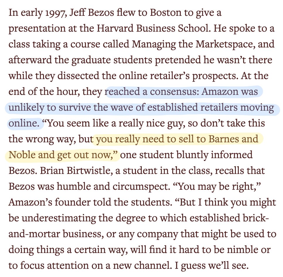 8. If you do something ambitious, smart people will doubt you.In 1997, Jeff Bezos spoke to a group of students at Harvard Business School. Now, he says: "If you want to be innovative, you have to be willing to be misunderstood, and criticized.”(h/t  @awealthofcs)