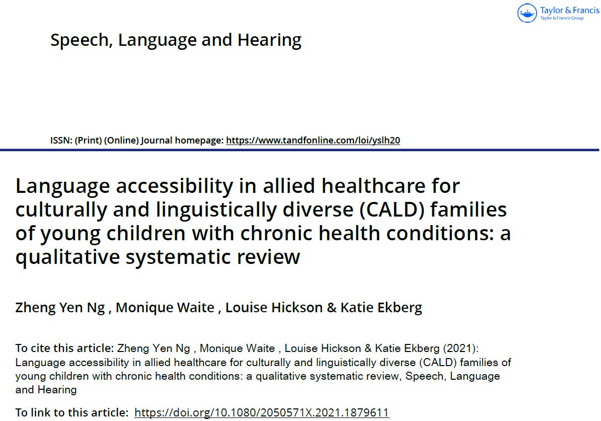 Our systematic review in <a href="/SpeechLangHear/">Speech Language & Hearing Journal</a> is out!

Our outcomes showed #CALDfamilies benefitted from communication strategies, language-appropriate resources &amp; family-professional partnerships 

#familycentredcare #earlyintervention 

First 50 e-prints free tandfonline.com/eprint/ZZIW7KC…