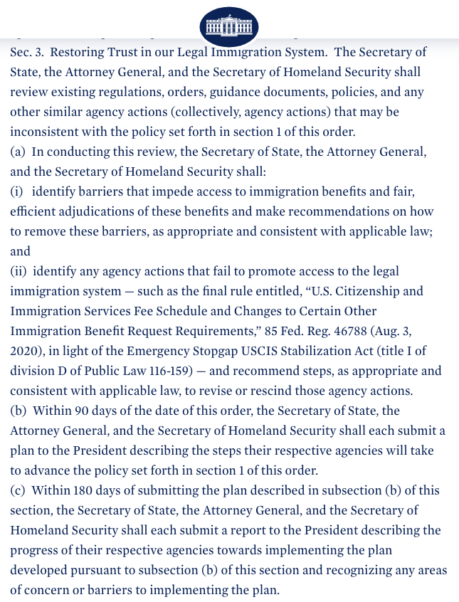 There's one section of today's legal immigration executive order that seems exceptionally vague...but it contains multitudes.TL;DR:  @DHSgov,  @StateDept, &  @TheJusticeDept must eliminate all of Trump's anti-immigrant policies, root & branch.1/ https://www.whitehouse.gov/briefing-room/presidential-actions/2021/02/02/executive-order-on-restoring-faith-in-our-legal-immigration-systems-and-strengthening-integration-and-inclusion-efforts-for-new-americans/