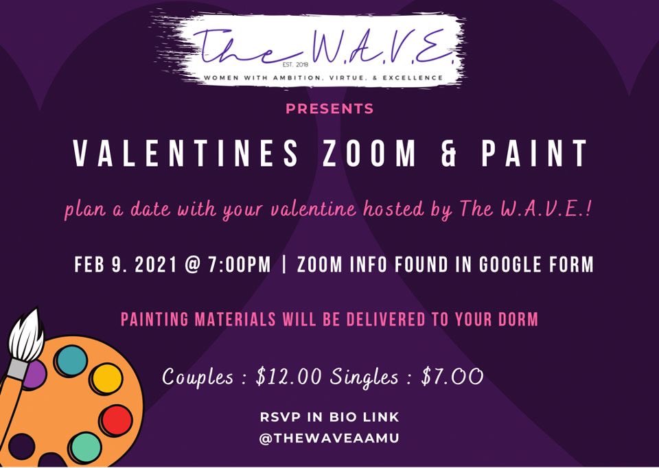bremyaa's tweet photo. MUSIC 🎶 GOOD VIBES 😎 and PAINTING 🖼 ⁣
⁣
Plan a date for your valentine OR for yourself this February 9th @ 7pm 💘 ⁣
⁣
The WAVE will be hosting a ZOOM &amp; PAINT 🎨 ⁣
Please complete Google Form found in Instagram Bio⁣
⁣
🌊 ALL MATERIALS ARE INCLUDED IN THE PRICE / #aamu https://t.co/Wu3Azfxy8B