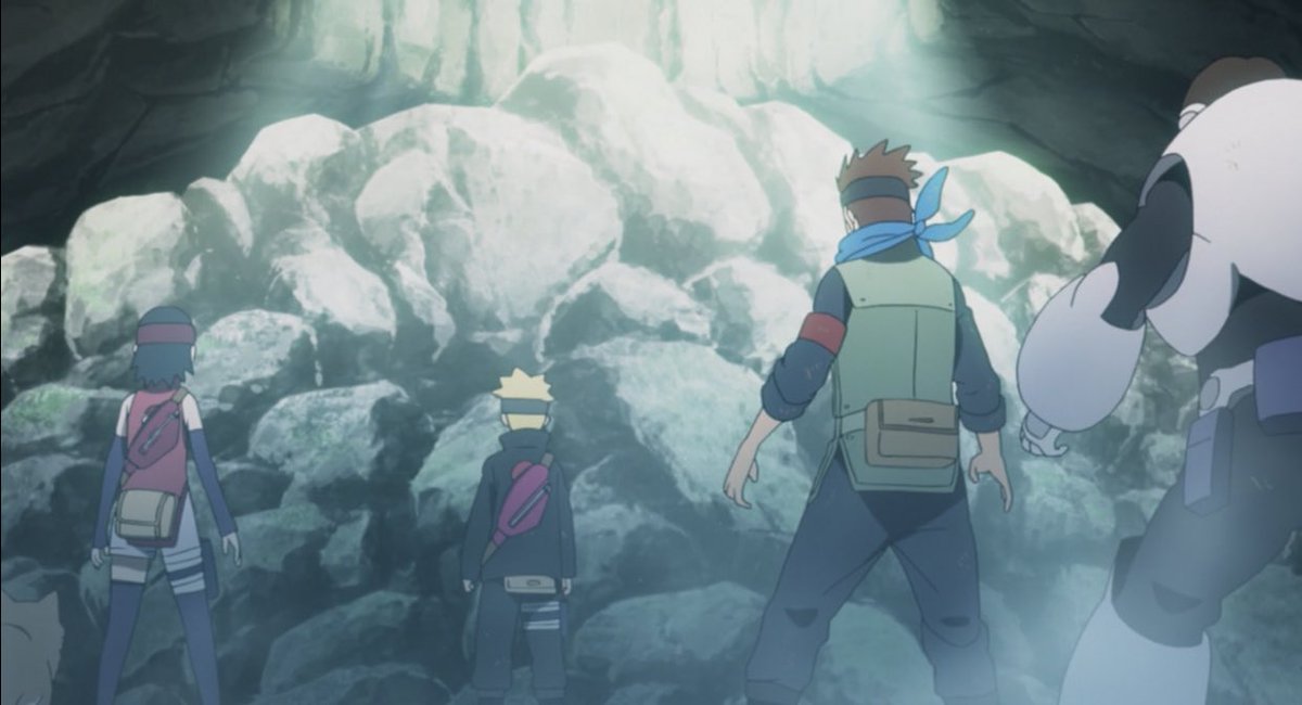 In his death Mugino activates a jutsu which collapses in the top of the cave. I feel as though this was meant to symbolise his passing on to heaven with the top of the cave representing the shell (heaven) and Mugino’s jutsu representing the underside (Earth) to unite the two