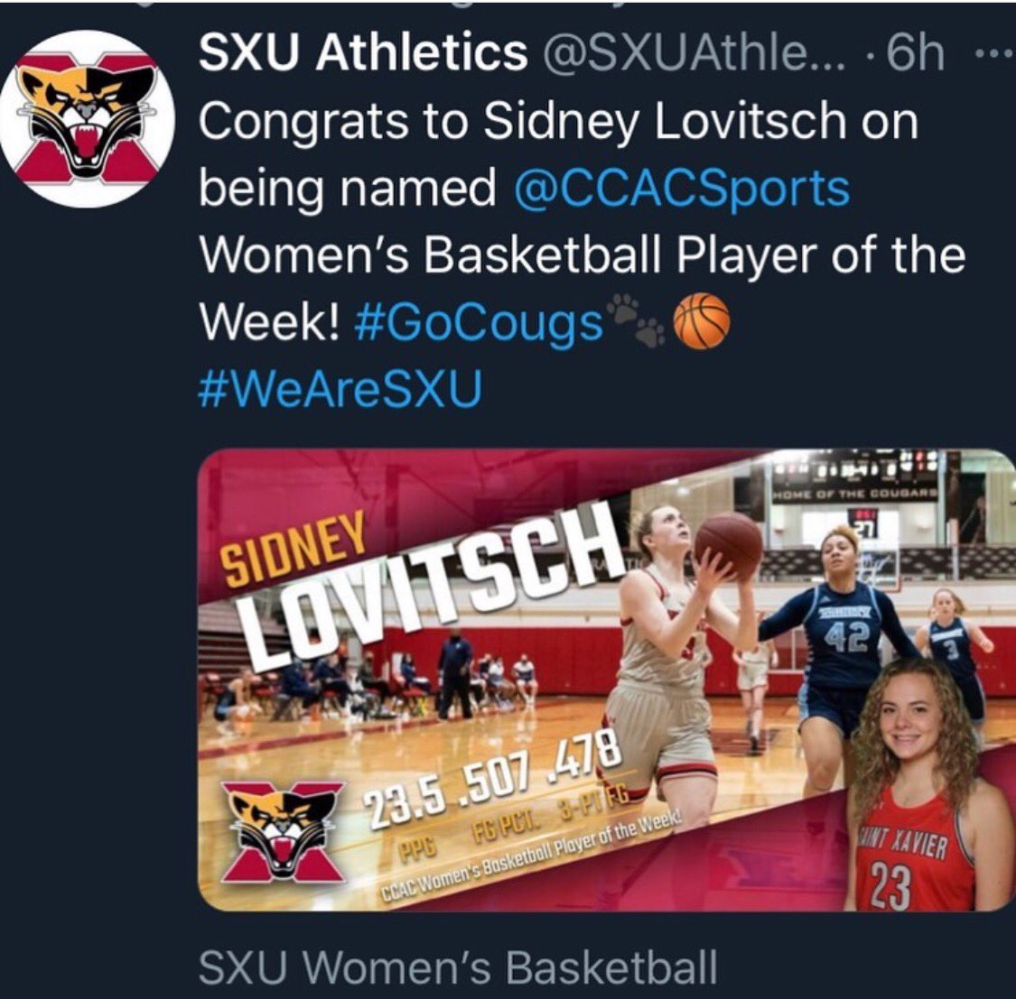 Another Knight getting it done at the next level. Former Lax manager and standout <a href="/GNHSHoops/">GNHS Girls Basketball</a> <a href="/gnhsvball/">Knightsvolleyball coach retired</a> Syd Lovitsch <a href="/SXUAthletics/">SXU Athletics</a> is the Player of the week <a href="/CCACSports/">CCAC</a> 👀at that Week!   #Stats Way to go!  #KnightPride