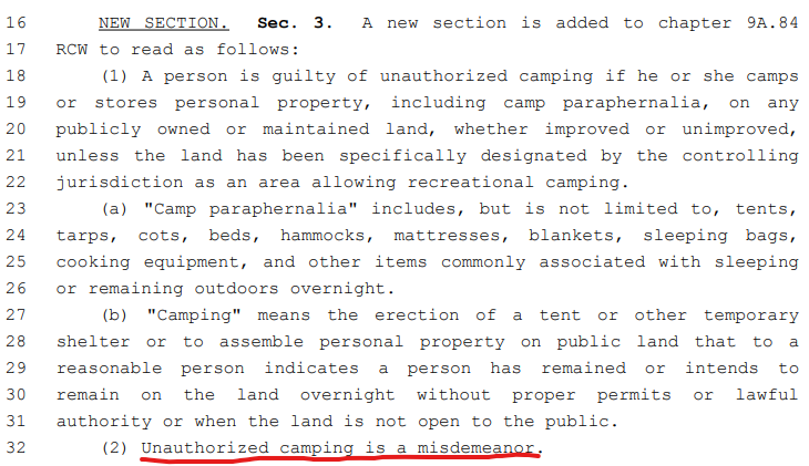TheMainGarrett's tweet photo. Washington State is having a public hearing tomorrow on upcoming bill 5107 which would make "unauthorized camping" on ANY publicly-owned or maintained land a misdemeanor. This effectively criminalizes homelessness. Details on how to officially dissent below (takes 2 mins):

1/2 https://t.co/9UEJcIsdon