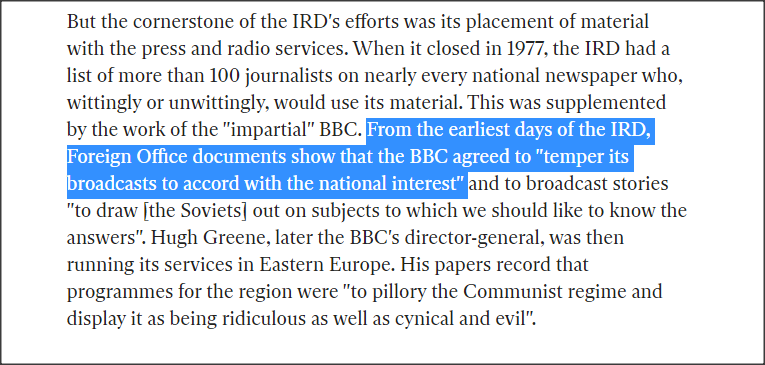 From the earliest days of the IRD, Foreign Office documents show that the BBC agreed to "temper its broadcasts to accord with the national interest".