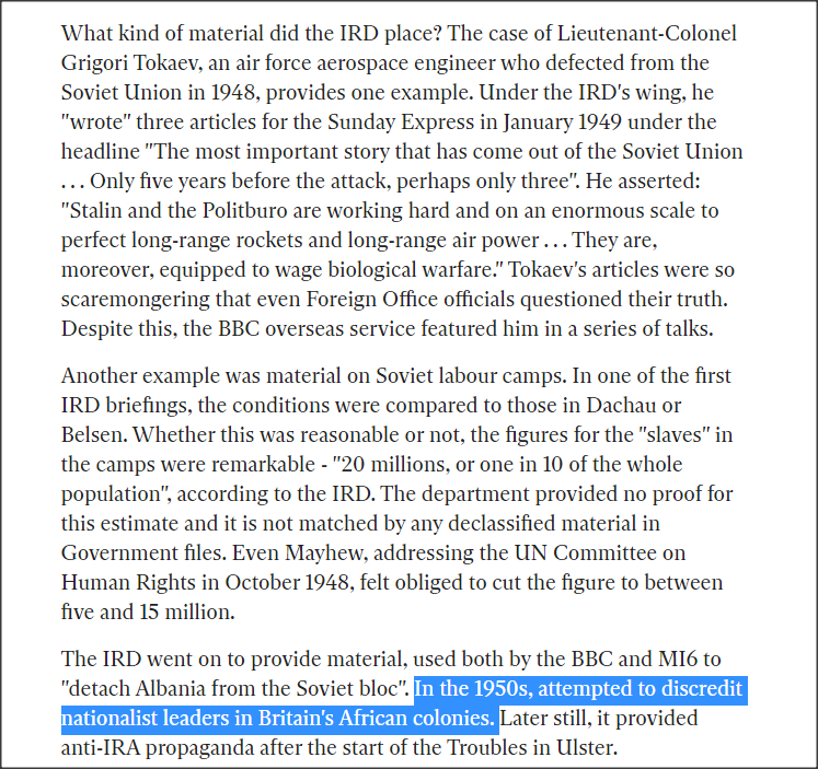 In the 1950s, the IRD attempted to discredit nationalist leaders in Britain's African colonies.