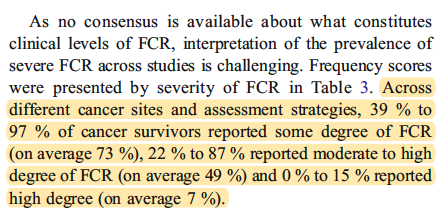 1/n Ever wondered why the reported prevalence of  #cancer  #FearOfRecurrence is so variable?  0-97% in this  #SystematicReview  https://doi.org/10.1007/s11764-013-0272-z  It's largely due to the huge variability in instruments and cut-offs used to assess  #FCR