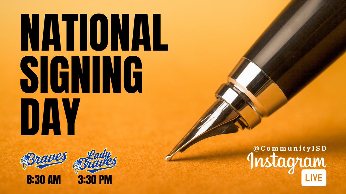 communityisd's tweet photo. Follow #NSD21 as @CommunityBraves student-athletes officially commit to play and continue their education at the next level. 

𝑾𝑬𝑫𝑵𝑬𝑺𝑫𝑨𝒀:
8:30 am - Boys' ceremony
3:30 pm - Girls' ceremony 

Watch via @Instagram LIVE: 
https://t.co/hkQXdZgo56

#ThriveThrough #BraveNation https://t.co/f5h9GqufUj