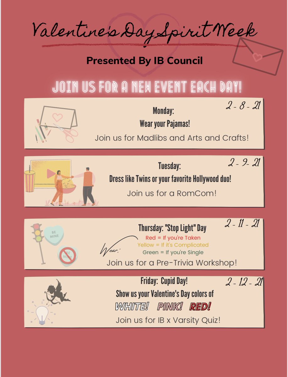 MrsWheatley1's tweet photo. @VHSIB has another amazing Spirit Week in store for you to celebrate Valentine’s Day! Grab your homies and sign up to compete in the Varsity Quiz trivia showdown and bragging rights for the rest of the year if you win!! @MrMagness @Ms_LPorter @Ms_Hupp #CASexperience https://t.co/U6cXV8q195