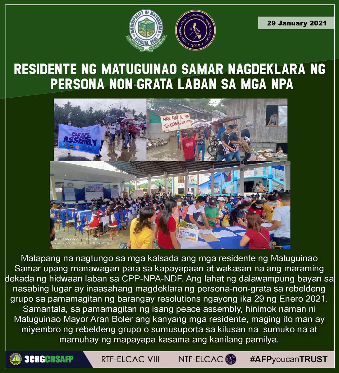 Gerryb93PH's tweet photo. Look! Residents of Matuguinao Town in the hinterlands of Samar went to the streets to call for Peace, and subsequently to end the many decades of conflict with the CPP-NPA-NDF.
#SupportATL
#NoToCPPNPANDF
#HandsOffOurChildren 
#EndTerrorism https://t.co/3rdsM4UkCr