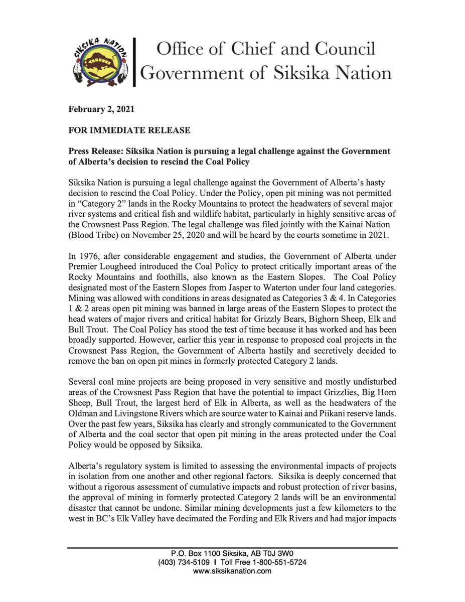 Siksika_Nation's tweet photo. FOR IMMEDIATE RELEASE - Press Release: Siksika Nation is pursuing a legal challenge against the Government of Alberta's decision to rescind the Coal Policy https://t.co/QlRZBhAA4P