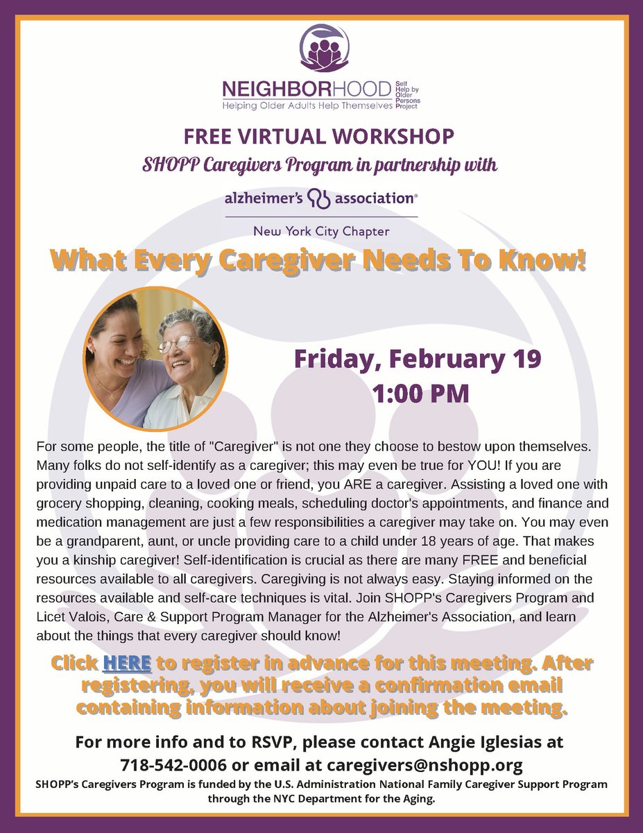 nshopporg's tweet photo. Join us, via Zoom, for a free virtual workshop on learning "What every caregiver needs to know!" on February 19th at 1pm. View flyer for additional details. https://t.co/dPhNK7z1oK https://t.co/Ga1LMz7pgH
