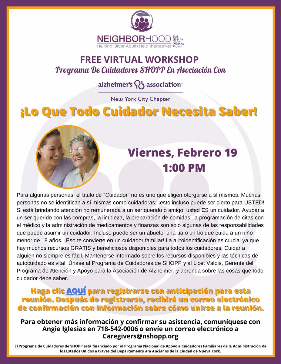 nshopporg's tweet photo. Join us, via Zoom, for a free virtual workshop on learning "What every caregiver needs to know!" on February 19th at 1pm. View flyer for additional details. https://t.co/dPhNK7z1oK https://t.co/Ga1LMz7pgH