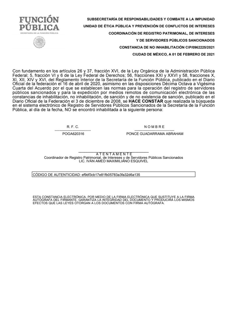 AbrahamPonce_AP's tweet photo. Tengo el gusto de compartirles los siguientes documentos:
1.- Constancia de NO inhabilitación expedida por el Gobierno del Estado de Guerrero. 
2.-  Constancia de NO inhabilitación expedida por el Gobierno Federal. 
3.- Carta de NO antecedentes penales.
Saludos! https://t.co/AW0PCwRl9i