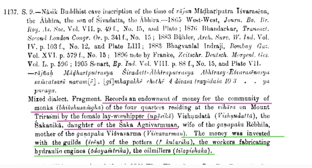 An Inscription From Nasik, Dated in The Reign of King Isvarasena (3rd Century AD), Describes the Donation to Buddhist monks by Daughter of Saka Agnivarman.The Donated Money was Invested in workers Fabricating Hydraulic Engines and Oilmillers.