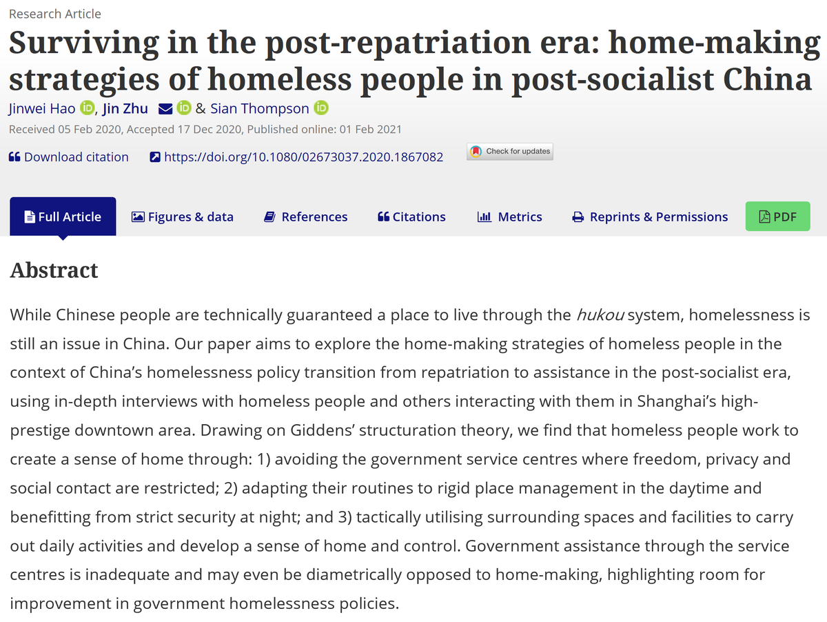 jinzhu_planning's tweet photo. Just got our @HousingJournal paper out.  Working with @nuoyafayangpu Shanghai Uni and @Sianelt @UNSWCityFutures, we've studied how Chinese homeless people make their homes in the post-repatriation era https://t.co/A9PNc071H1