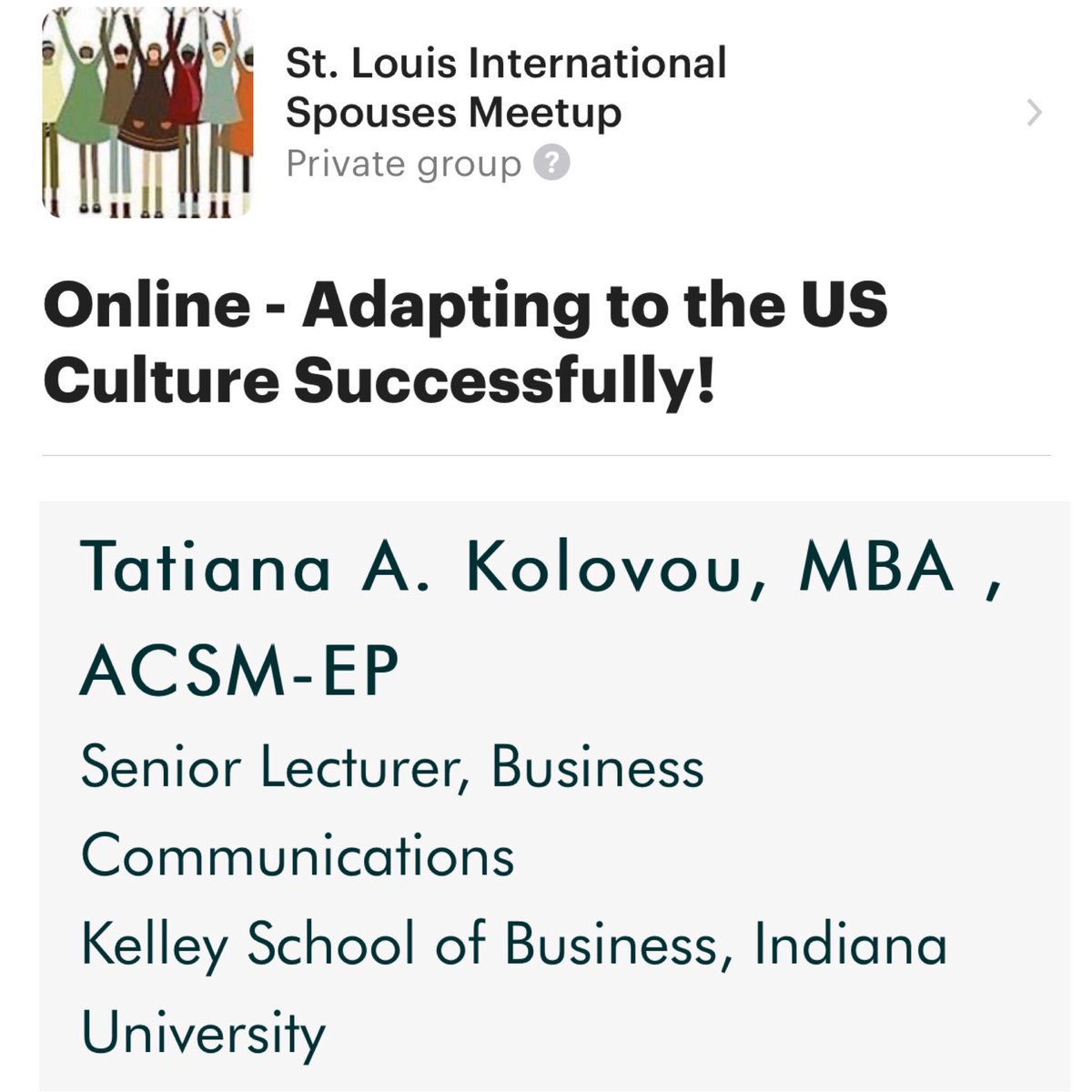 Our <a href="/STLitspouses/">STLInternationalSpouses/ExpatWomenGroup</a> is honored to to have #TatianaKolovou as our guest speaker on Tue Feb 16 talking on Adapting to the US Culture Successfully.  <a href="/STLitspouses/">STLInternationalSpouses/ExpatWomenGroup</a> <a href="/STLMosaic/">STL Mosaic Project</a> <a href="/vitendo4africa/">vitendo4africa</a> @OCAstl <a href="/HCCMetroSTL/">Hispanic Chamber of Commerce Metro St. Louis</a> <a href="/Gabyrdarris/">Gabriela</a> <a href="/BetsyHCohen/">Betsy Cohen</a> <a href="/SierraPR/">Suzanne Sierra</a> <a href="/bomiparked/">Bomi Park 박보미</a> <a href="/WTCSTL/">WTC St. Louis</a> <a href="/maite_nogales/">Maite Nogales</a>
