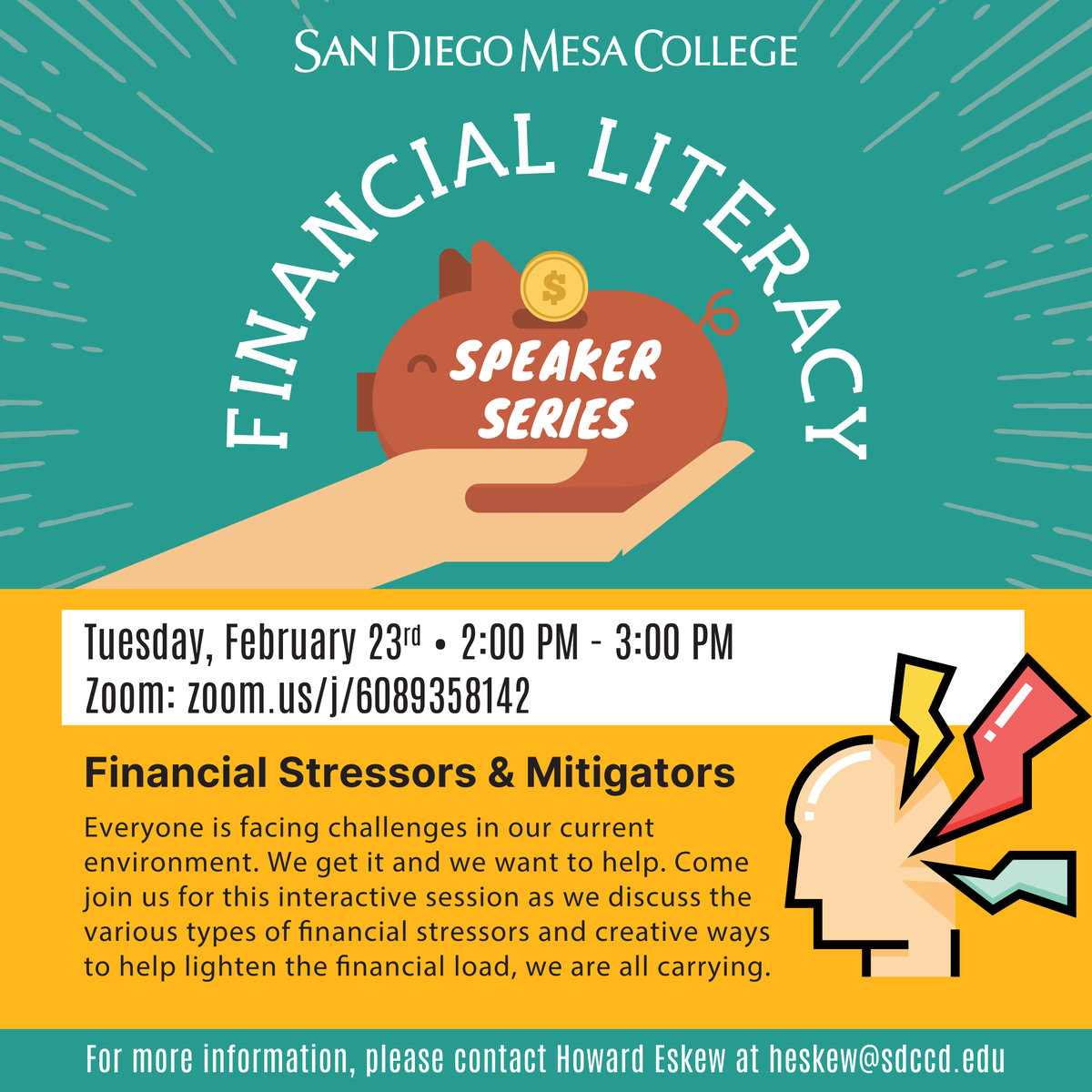 Come join us <a href="/sdmesacollege/">SanDiegoMesaCollege</a> for the 1st session of our Spring 2021 #financialliteracy Speaker Series. Equipping students to make empowered financial decisions. Everyone is welcome! Thank you to <a href="/SDFLC/">SD Fin. Literacy Ctr</a> and <a href="/CalCoastCU/">Cal Coast Credit Union</a> for your great support.