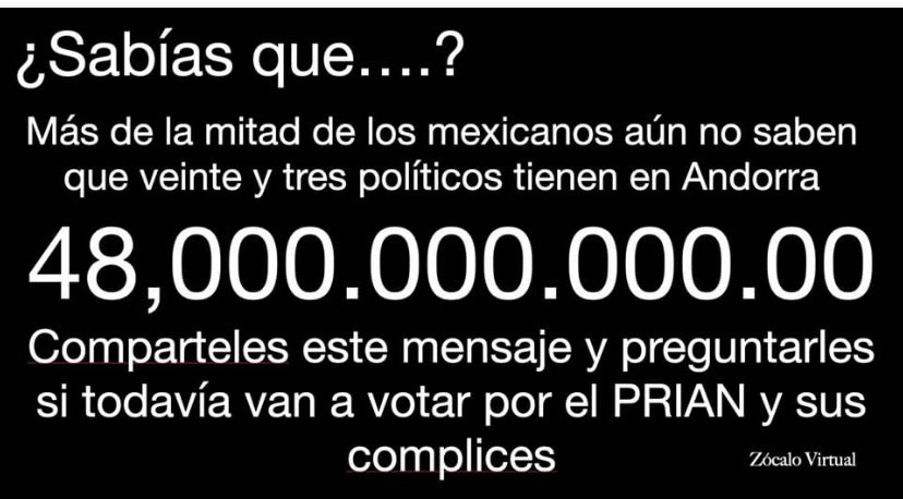 chioreya's tweet photo. $48,000,000,000.00 tienen los priístas en Andorra, si leíste bien $48,000,000,000,00 mientas sumieron a millones de mexicanos en la pobreza extrema, ellos sirviéndose con la cuchara grande, aún crees q podrían querer tu bien ? Su único objetivo ROBAR y mantenerse impunes 😡 https://t.co/dkBKFoOe4g