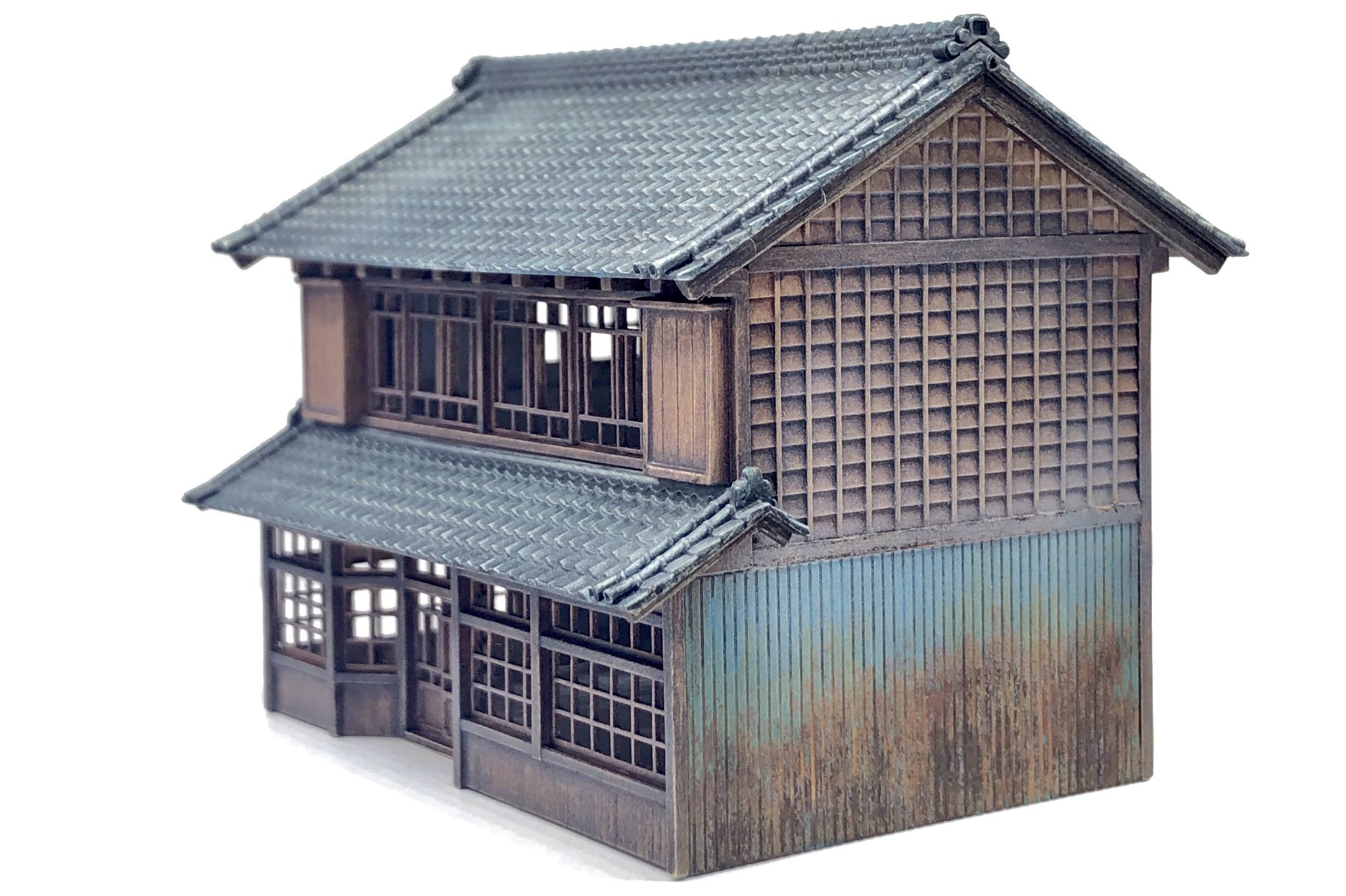 Pochi 工房 見た人もグリーンマックス製品を貼る 切妻の商家 Iori工房 製 商家キット用建具セット 自作3d出力 押縁下見板パーツ 使用 鉄道模型 Nゲージ グリーンマックス Gm 木質表現 ウッド調 透過法 ケープ落とし ウェザリング 看板建築 梅