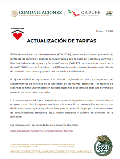 JCarlos_Valerio's tweet photo. #Atención || A partir de este 3 de febrero, se aplicarán las nuevas tarifas en las Plazas de Cobro operadas por @CAPUFE.  Las tarifas pueden ser consultadas en la siguiente dirección:
https://t.co/lHADol76Do https://t.co/YCI3KGCGbo