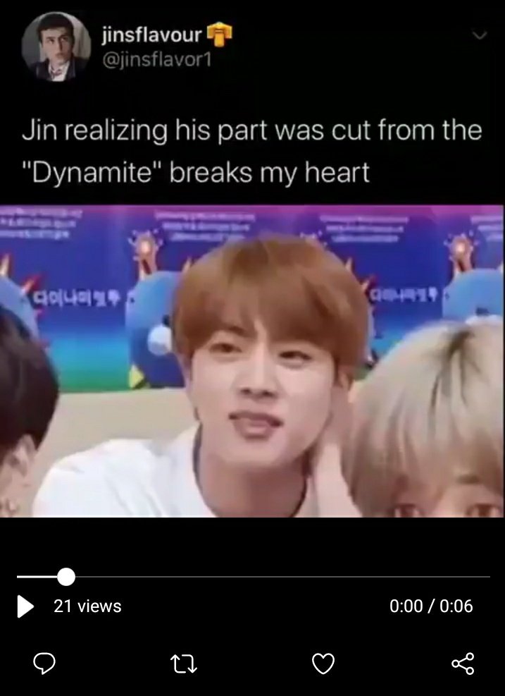 People STILL saying: 'is it wrong to want to see more of j1n?' in relation to dynamite-A lot used this 6 second edited clip of his facial expression changing as evidence back in august 2020Consider: Where did the idea his part was cut come from?