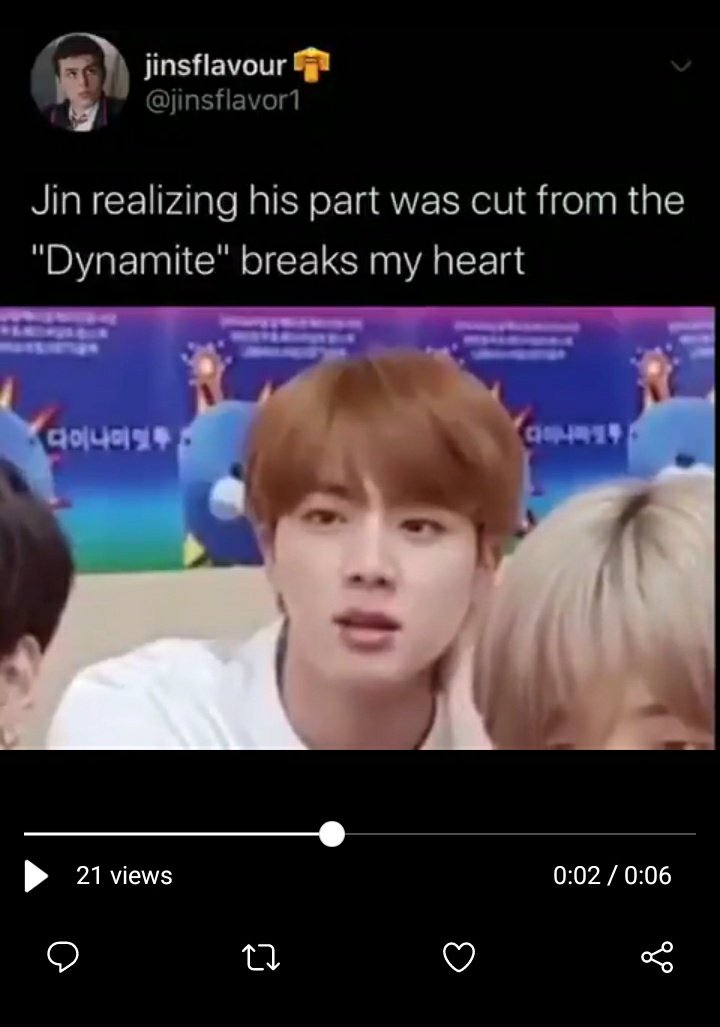 People STILL saying: 'is it wrong to want to see more of j1n?' in relation to dynamite-A lot used this 6 second edited clip of his facial expression changing as evidence back in august 2020Consider: Where did the idea his part was cut come from?