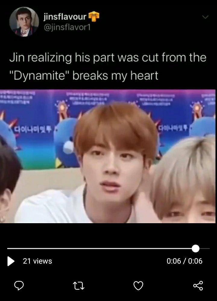 People STILL saying: 'is it wrong to want to see more of j1n?' in relation to dynamite-A lot used this 6 second edited clip of his facial expression changing as evidence back in august 2020Consider: Where did the idea his part was cut come from?