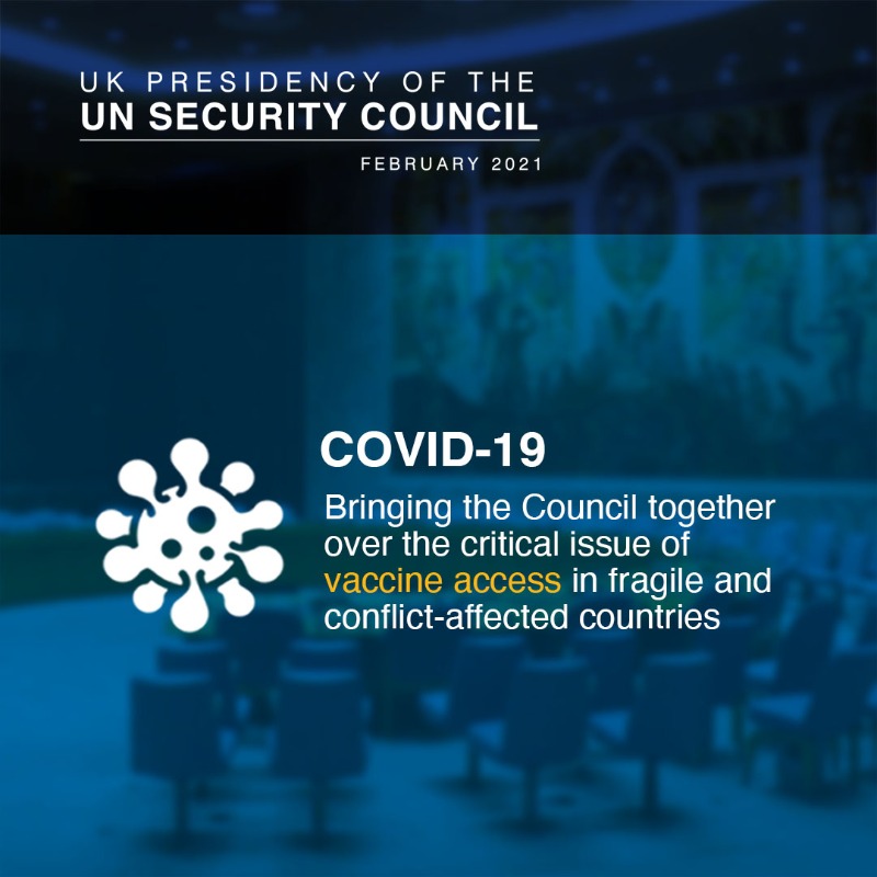 FCDOGovUK's tweet photo. This month the UK chairs the UN Security Council. 
 
We're bringing states together to coordinate discussion on the most pressing global issues we face in 2021: 
➡️ COVID-19 
➡️ Climate 
➡️ Conflict 
 
#UNSC | @UKUN_NewYork