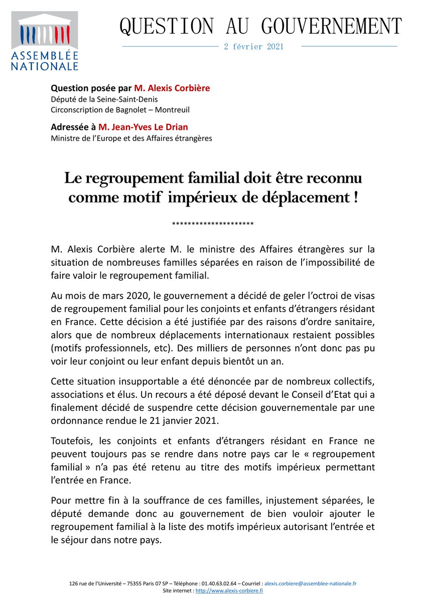 alexiscorbiere's tweet photo. [2/2] Mais l'exécutif s'entête et refuse toujours d'ajouter ce critère à la liste des motifs familiaux impérieux permettant l'entrée sur notre sol ! Ainsi, ces familles ne peuvent toujours pas se retrouver. J'ai donc décidé d'interpeller le #gouvernement : https://t.co/iAyG9i6JNZ