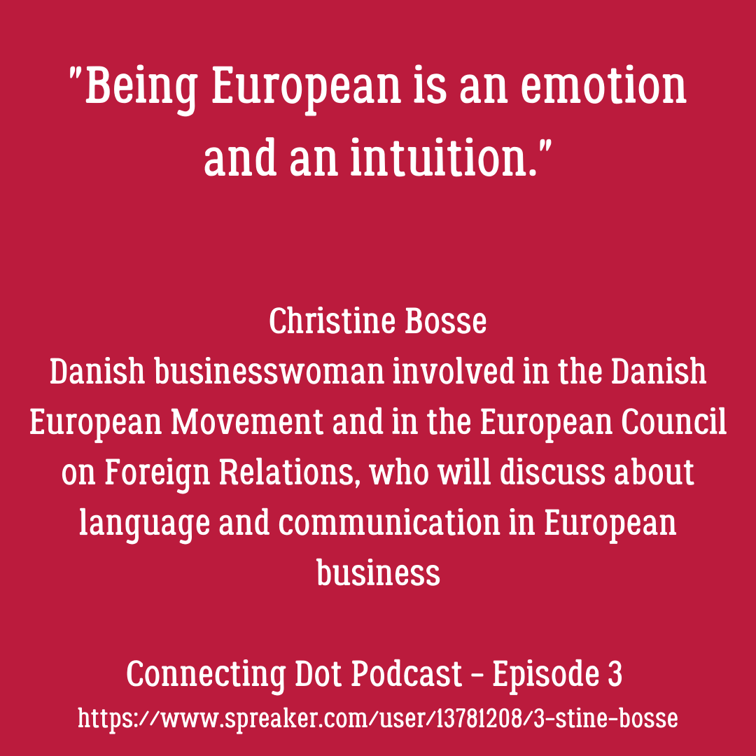 PodcastDots's tweet photo. Listen to the third episode of @PodcastDots at https://t.co/CTAqtJbwIB or download it here: https://t.co/UKJOVQjkhj. 

Our guest is Stine Bosse, a Danish businesswoman involved in the Danish European Movement and in the European Council on Foreign Relations. 

#europe #podcast https://t.co/iTtjF4HxnJ