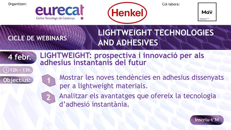 Eurecat_events's tweet photo. Us esperem demà al 3r webinar del cicle #LightweightTechnologies and #Adhesives d'@Eurecat_news i @henkeliberica on es mostraran tendències i solucions que permeten desenvolupar productes i components #lightweight més lleugers i versàtils
No t'ho perdis!👉https://t.co/gofhE3CNSm https://t.co/xobgAPzu9F