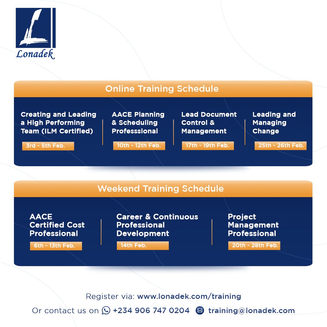 LonadekInc's tweet photo. Are you looking to develop your skills this February?
We have fantastic training programmes for you.
Checkout our courses running in February 2021, for both #PhysicalTraining, Online Training & #WeekendTraining.
Whatsapp us: +2349067470204
#traininginlagos #Lonadek https://t.co/ORDxqstDIT