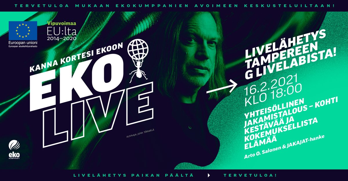 JAKAJAThanke's tweet photo. Järjestämme tiistaina 16.2. yhdessä @Ekokumppanit kanssa mahtavan #EkoLive-illan, jossa aiheena yhteisöllinen #jakamistalous, puhujana upea Arto O. Salonen ja esittelyssä #jakajat-hankkeen pilotit! Tilaisuus striimataan Ekokumppanien YouTube-kanavalla. https://t.co/o91Xk8oQLs https://t.co/YZu6YWyRej