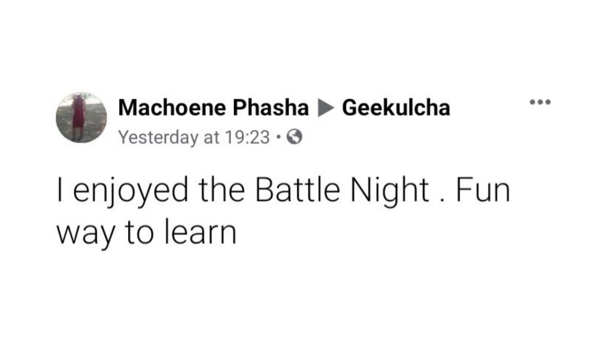 We recieved this message on our Facebook page and we couldn't be more proud of the geeks behind the #BattleNight 🙌 

S/O to <a href="/khabubundivhu/">Ndivhuwo.</a>, @isscitified and the rest of the team making this possible for the geek community 👊 

#FriendsOfGeeks #iBlameGK