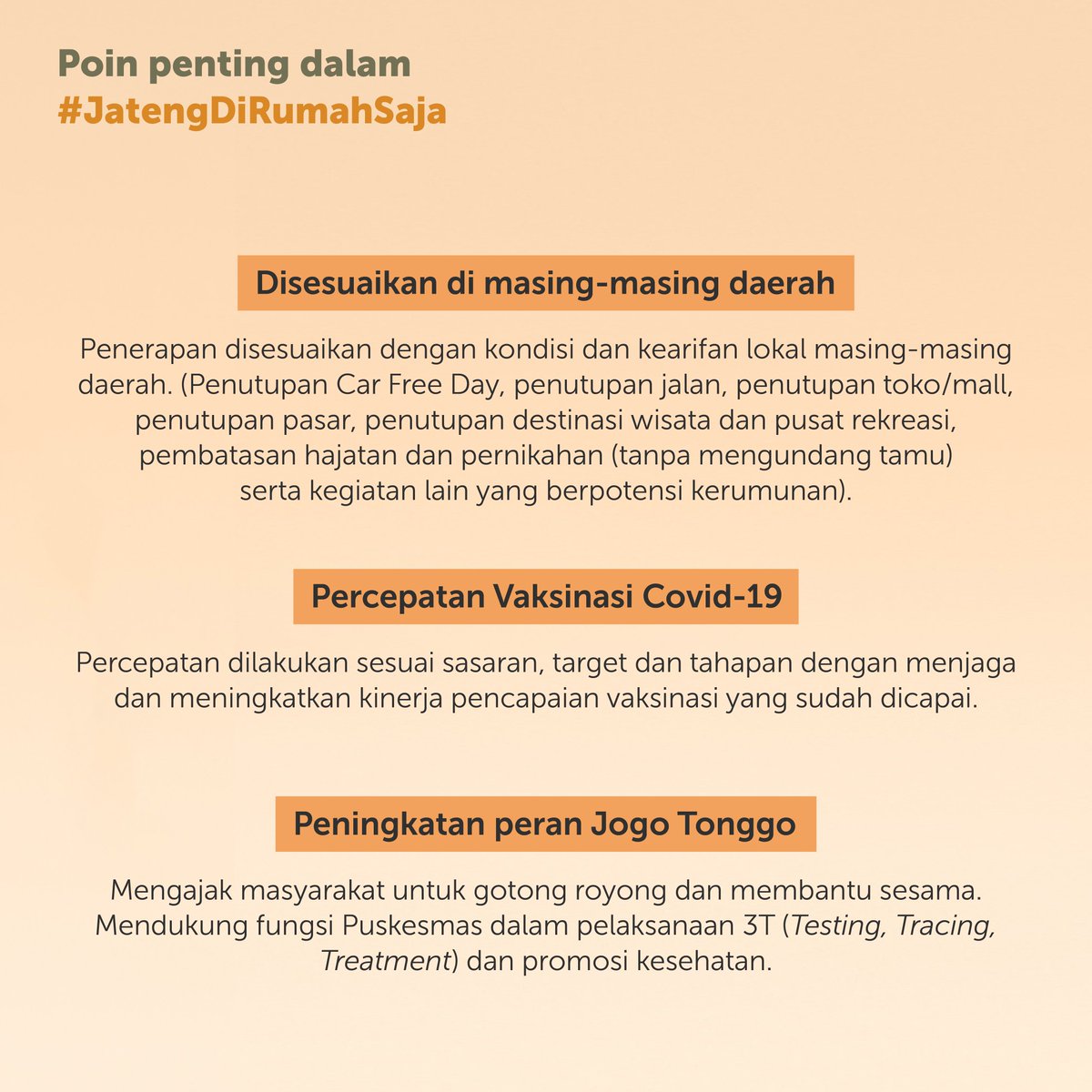 Dengan mengurangi mobilitas dan aktivitas pada 6-7 Februari 2021, kamu membantu mensukseskan gerakan #JatengDiRumahSaja.

Ini adalah salah satu cara untuk menekan laju Covid-19 di Jawa Tengah.

Yuk, peduli sesama dengan tetap #dirumahaja dan simak beberapa poin penting berikut 🤗