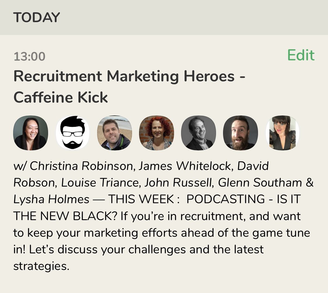 I'm discussing PODCASTING 🎤 on Recruitment Marketing Heroes - Caffeine Kick today with James Whitelock, @DavidRobsonTAP, <a href="/louisetriance/">louisetriance</a>, <a href="/johnjbrussell/">John JB Russell</a>, <a href="/GlennSoutham/">Glenn Southam</a> and <a href="/LyshaHolmes/">Lysha Holmes</a>. 

Today, 3 Feb at 1:00 pm GMT on <a href="/joinclubhouse/">Follow @Clubhouse</a>. 

Join us! ⬇️ ⬇️ ⬇️
joinclubhouse.com/event/JPAAYR7P