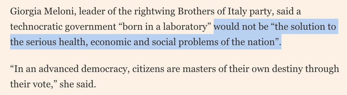 Speaking of FdI (the respectable mussolini party), they're now firmly the 3rd largest party in polls and still ascending, their allies, La Lega and FI are doing well enough as well. They've also been the most vocal against Draghi as PM. (8/9)