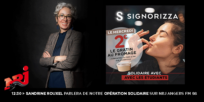 Sandrine Rouxel, associée Groupe #Signorizza, sera sur <a href="/NRJhitmusiconly/">NRJ</a> à 12h30 pour présenter notre offre solidaire🥘 pour les #etudiants d'#angers et des autres villes à venir. Grazie🙏à <a href="/nikoanimateur/">@NikoAnimateur</a> sur Nrj Angers FM 98 de nous permettre de porter notre message sur les ondes
