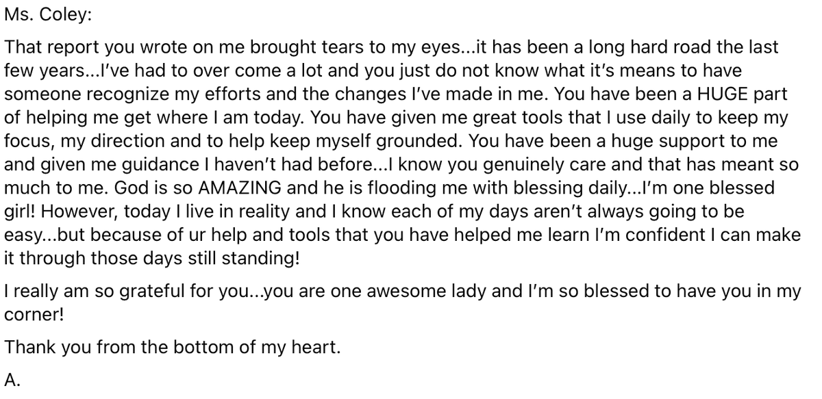 The messages we receive from our clients encourages us to keep going and we do! We are #RestoringHope and #changinglives daily because #CSCDcares Check out this email below sent to our CSCD's N. Coley!