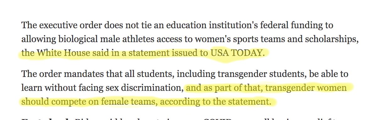 For anyone still living in denial, the White House just confirmed to  @usatoday that the Biden EO requires that trans-identified biological boys be allowed onto girls' teams. This will apply to virtually every public high school (nearly all receive federal funding). /1