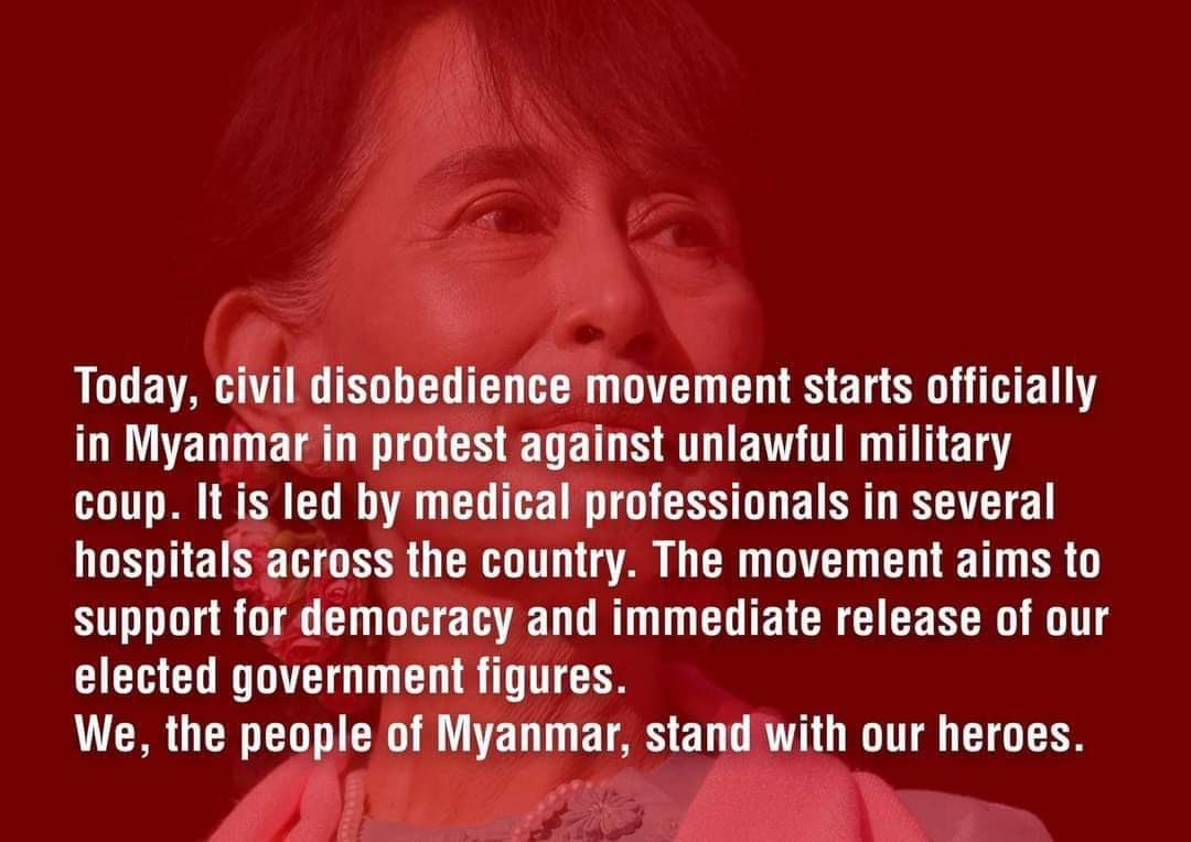 We want our leader back. She is our future, our hope and our light. Don’t let take into the darkness again. Let us create our future with our own hands. I’m fighting for the future of youths.
#SaveMyanmar
#WeNeedDemocracy
#AungSanSuuKyi_Government