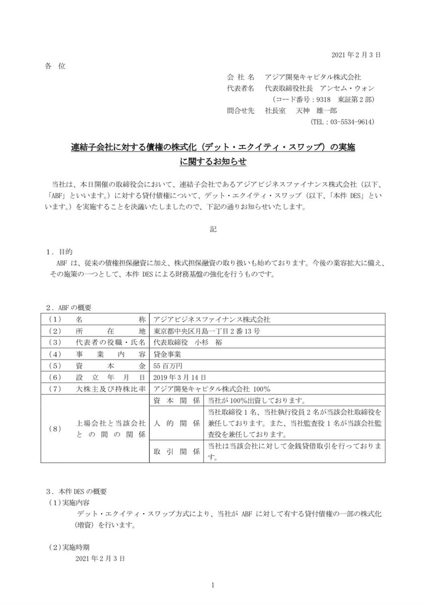 アジア 開発 キャピタル 株価